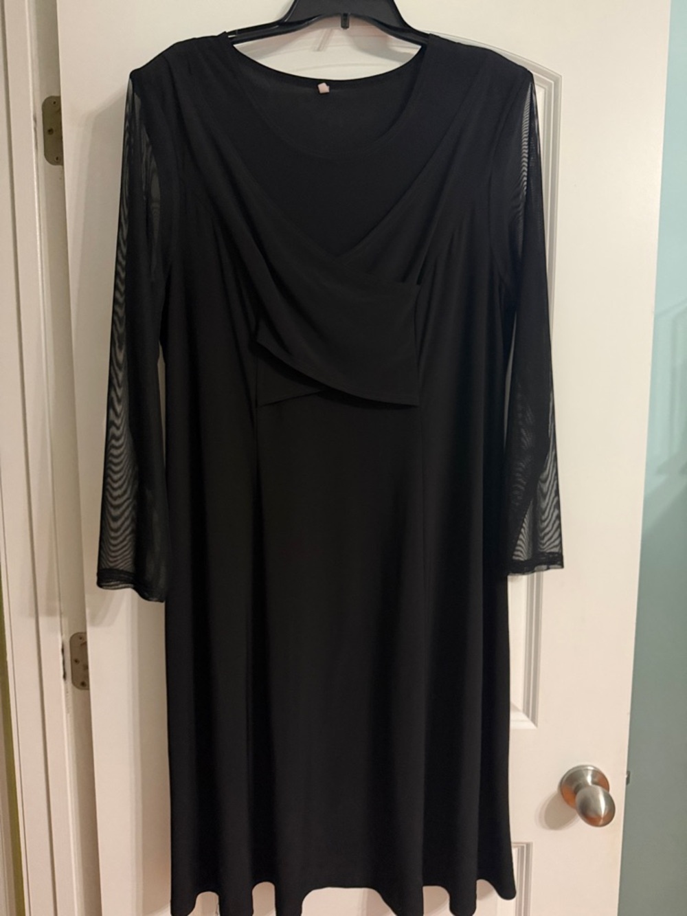 Black Faux Wrap Dress with Sheer Mesh Long Sleeves Women's Size 16 - Picture 2 of 10